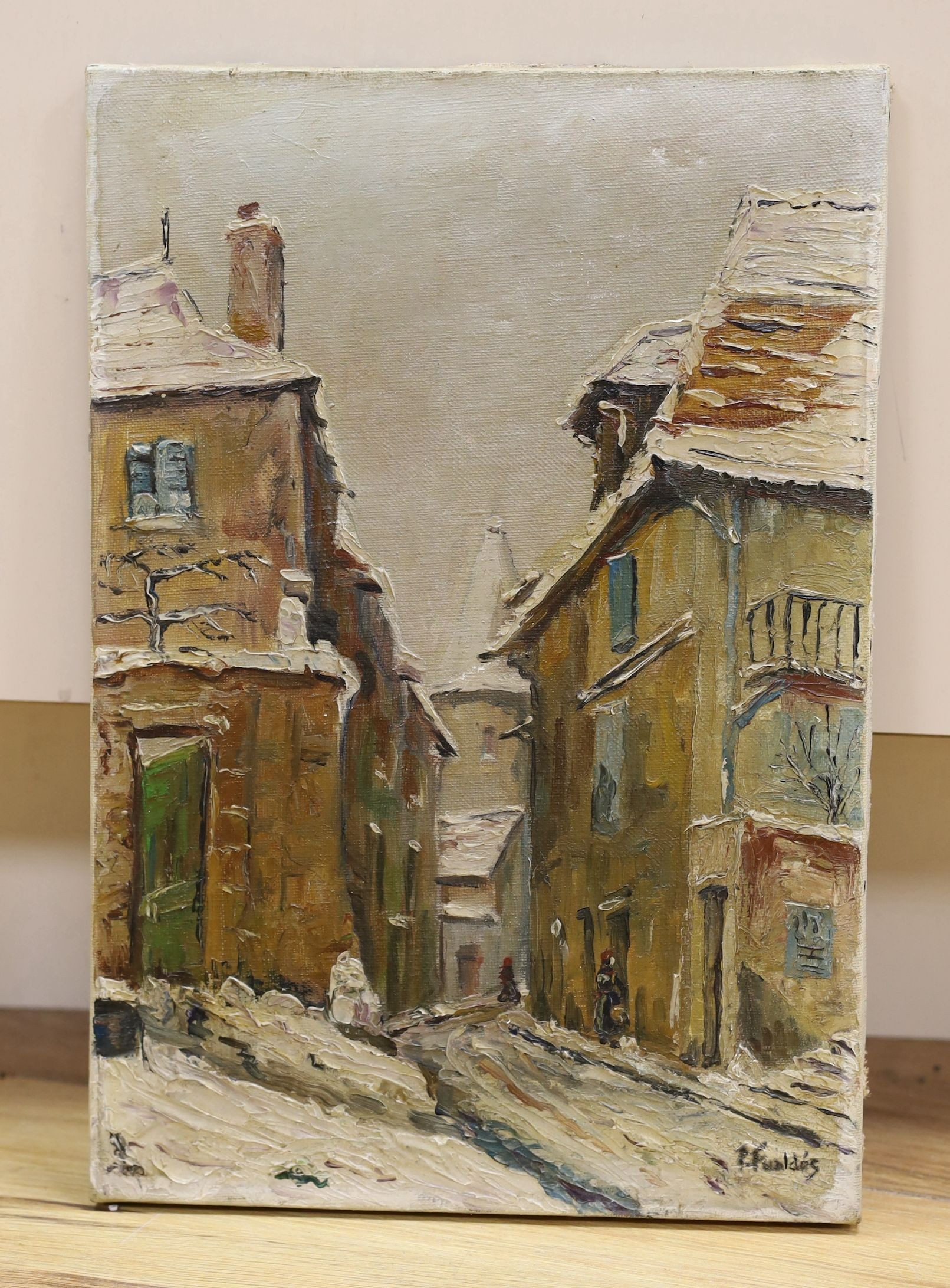 P. Fudldas, oil on canvas, Winter street scene, signed, 35 x 24cm, unframed